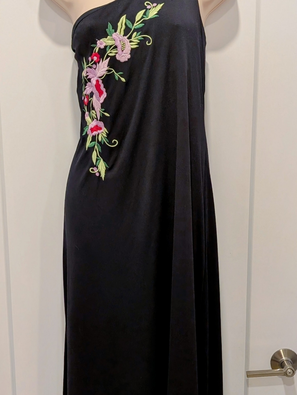 Black Maxi Dress with Pink & Green Floral Embroidery - Picture 2 of 3